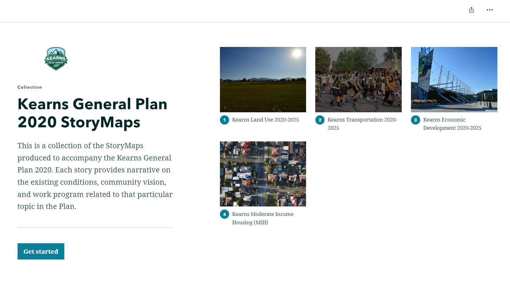 A screenshot of the homepage for the Kearns Storymap collection. Click on this image to view.